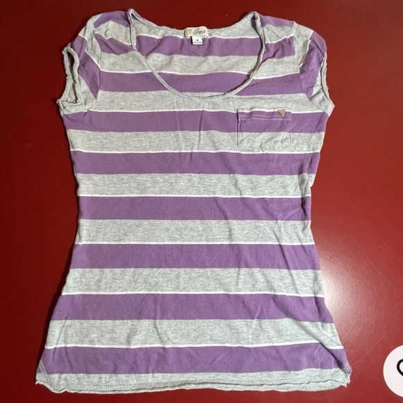 Guess Jeans Baby Tee Women M Pink Gray Stripe Cotton Fitted Y2K Style Retro Top - Picture 1 of 7